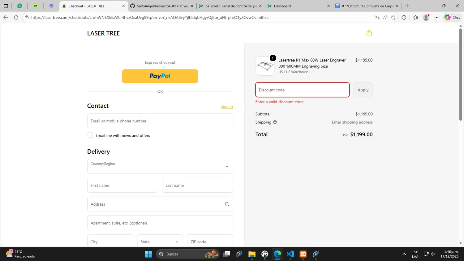 Lasertree promo code screenshot showing code Max60W202512 applied at Lasertree checkout page. Uploaded by SimplyCodes community member DaniTsu on Dec 17, 2025