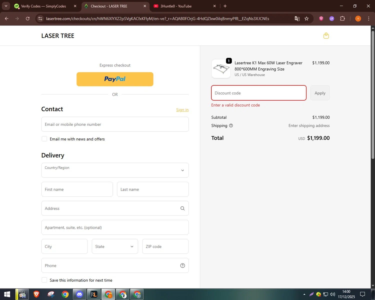 Lasertree promo code screenshot showing code Max60W202512 applied at Lasertree checkout page. Uploaded by SimplyCodes community member bulbasaur69 on Dec 17, 2025
