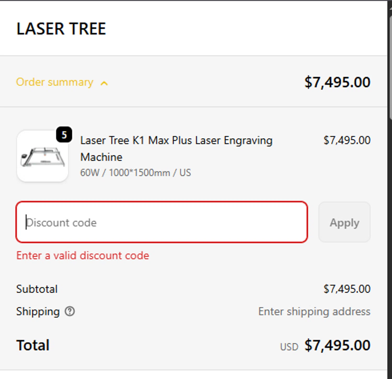 Lasertree promo code screenshot showing code Max60W202512 applied at Lasertree checkout page. Uploaded by SimplyCodes community member mariroma on Dec 17, 2025