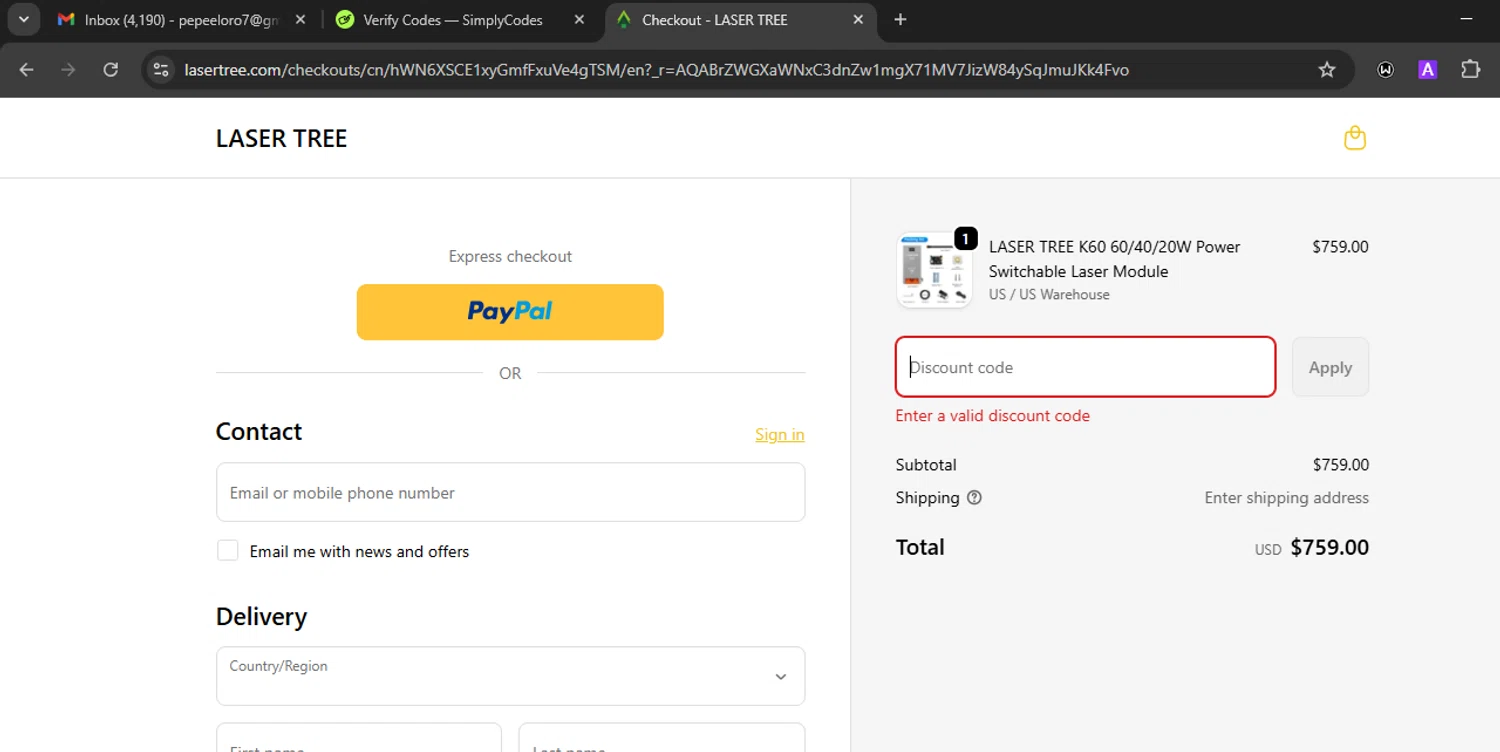 Lasertree promo code screenshot showing code LTK60202512 applied at Lasertree checkout page. Uploaded by SimplyCodes community member Eminem on Dec 17, 2025