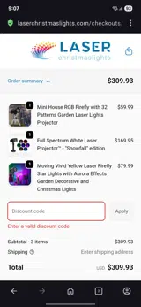 HOLIDAYLASERS coupon verification screenshot