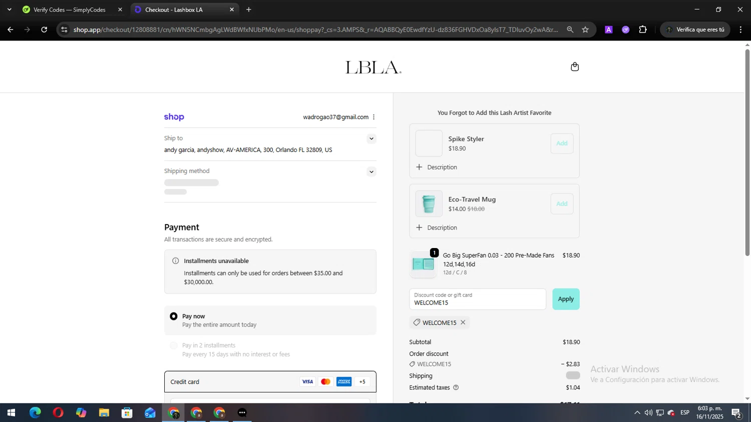 Lash Box LA discount code screenshot showing code WELCOME15 applied at Lash Box LA checkout page. Uploaded by SimplyCodes community member Andy2323 on Nov 16, 2025