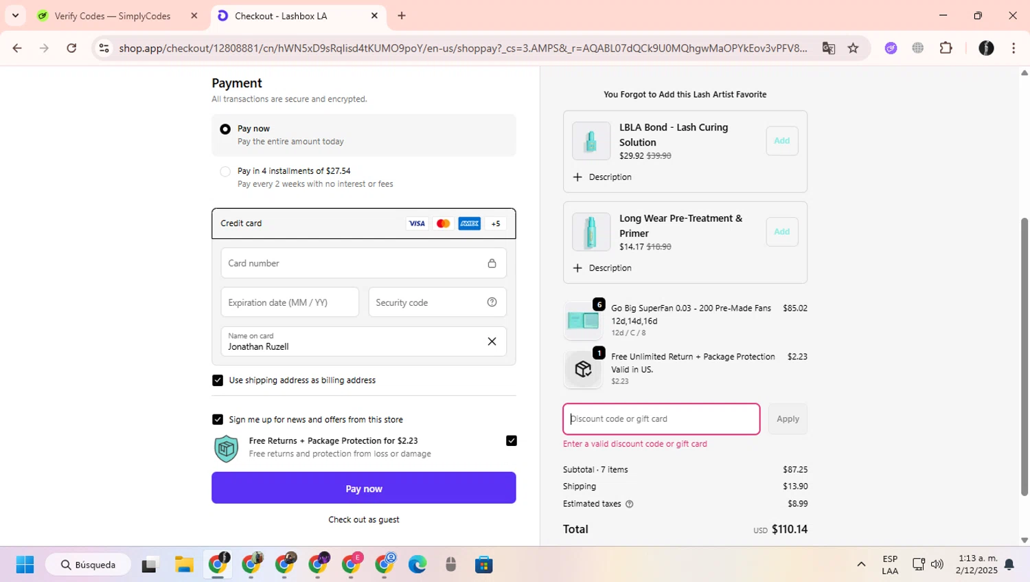 Lash Box LA discount code screenshot showing code WELCOME15 applied at Lash Box LA checkout page. Uploaded by SimplyCodes community member ChinoYugiXD on Dec 2, 2025