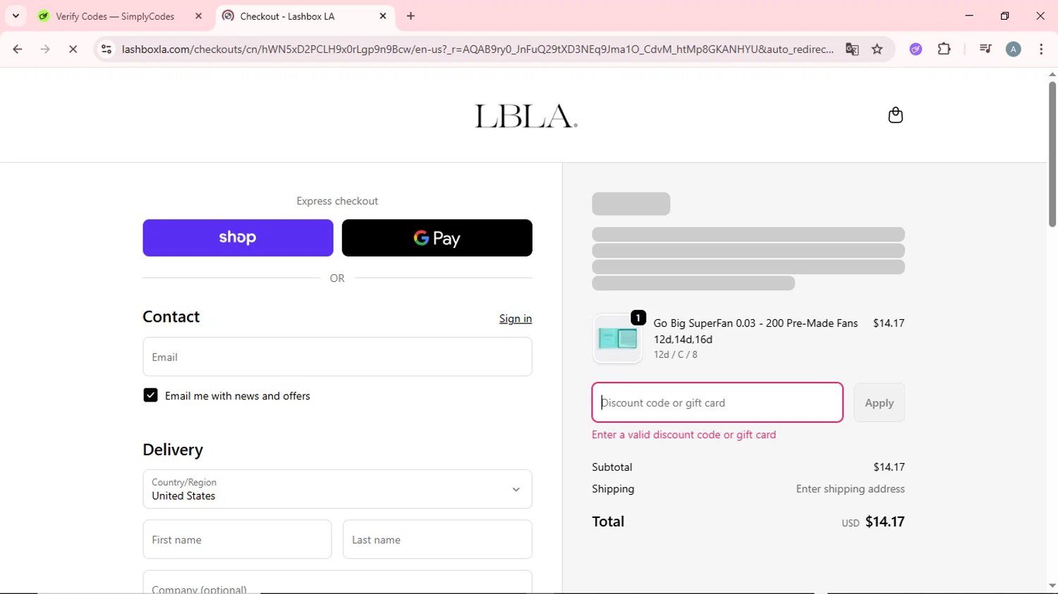 Lash Box LA discount code screenshot showing code WELCOME15 applied at Lash Box LA checkout page. Uploaded by SimplyCodes community member CrownSpotter6947 on Dec 2, 2025