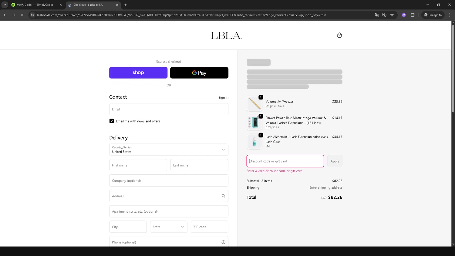 Lash Box LA discount code screenshot showing code LASHGUYPRO applied at Lash Box LA checkout page. Uploaded by SimplyCodes community member ShrewdSleuth9497 on Nov 27, 2025