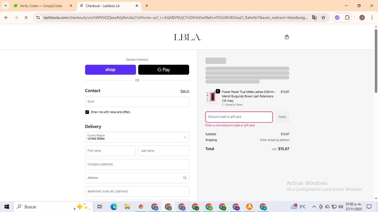 Lash Box LA discount code screenshot showing code LASHGUYPRO applied at Lash Box LA checkout page. Uploaded by SimplyCodes community member ValiantHero2365 on Nov 27, 2025