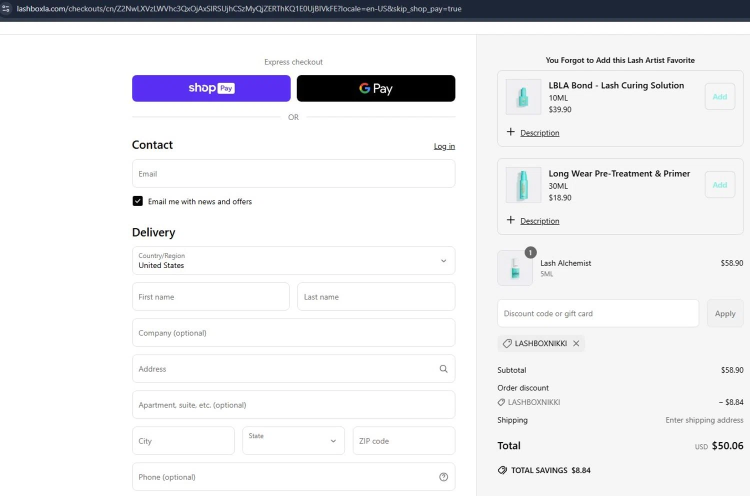 Lash Box LA discount code screenshot showing code LASHBOXNIKKI applied at Lash Box LA checkout page. Uploaded by SimplyCodes community member angelfigueroa2008 on May 8, 2025