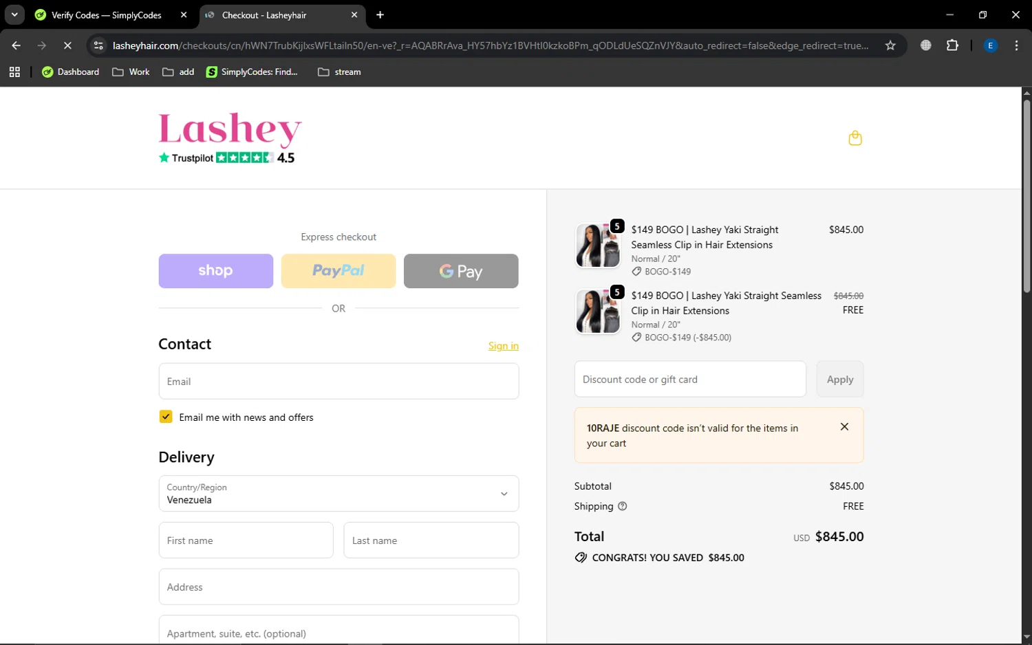Lasheyhair checkout page showing Lasheyhair promo code box | Screenshot taken by SimplyCodes community member on Jan 11, 2026