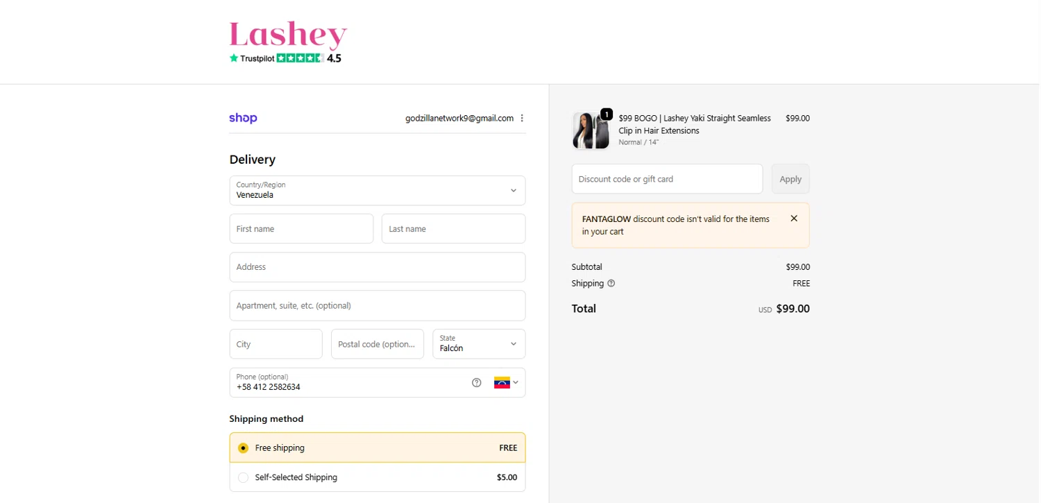 Lasheyhair checkout page showing Lasheyhair promo code box | Screenshot taken by SimplyCodes community member on Jan 8, 2026