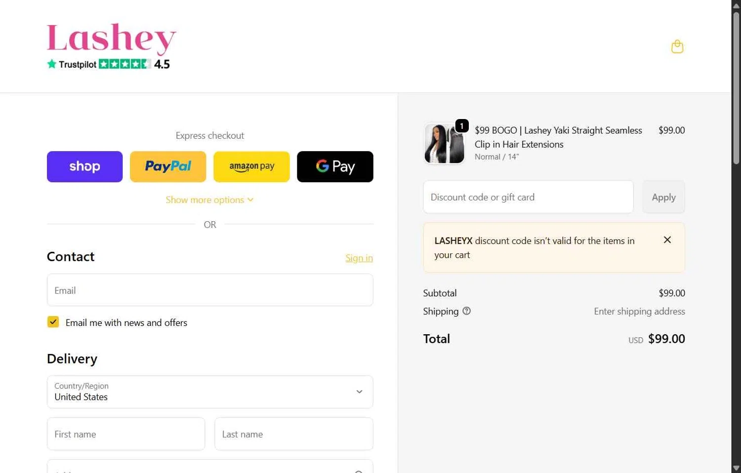 Lasheyhair promo code screenshot showing code LASHEYX applied at Lasheyhair checkout page. Uploaded by SimplyCodes community member LOgoter on Jan 5, 2026
