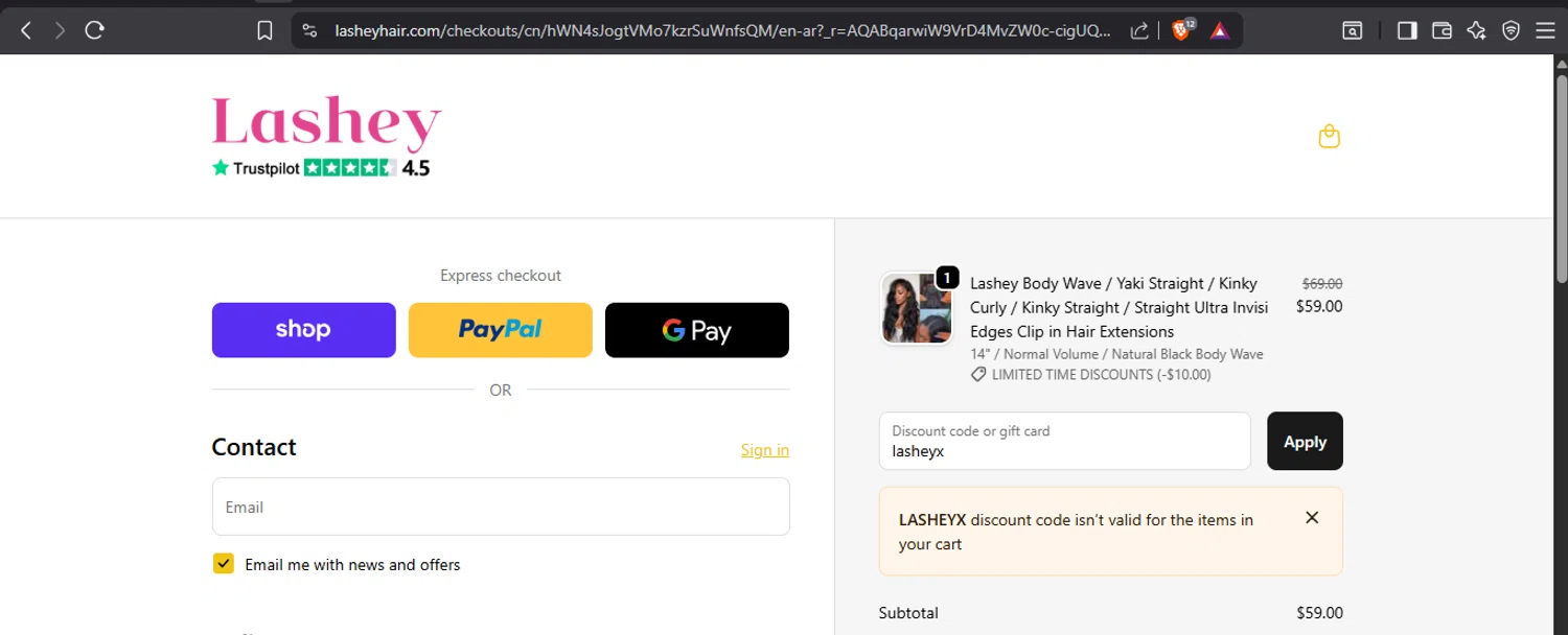 Lasheyhair promo code screenshot showing code LASHEYX applied at Lasheyhair checkout page. Uploaded by SimplyCodes community member jesus4 on Dec 2, 2025
