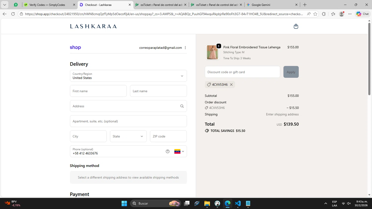 Lashkaraa checkout page showing Lashkaraa discount code box | Screenshot taken by SimplyCodes community member on Feb 10, 2026