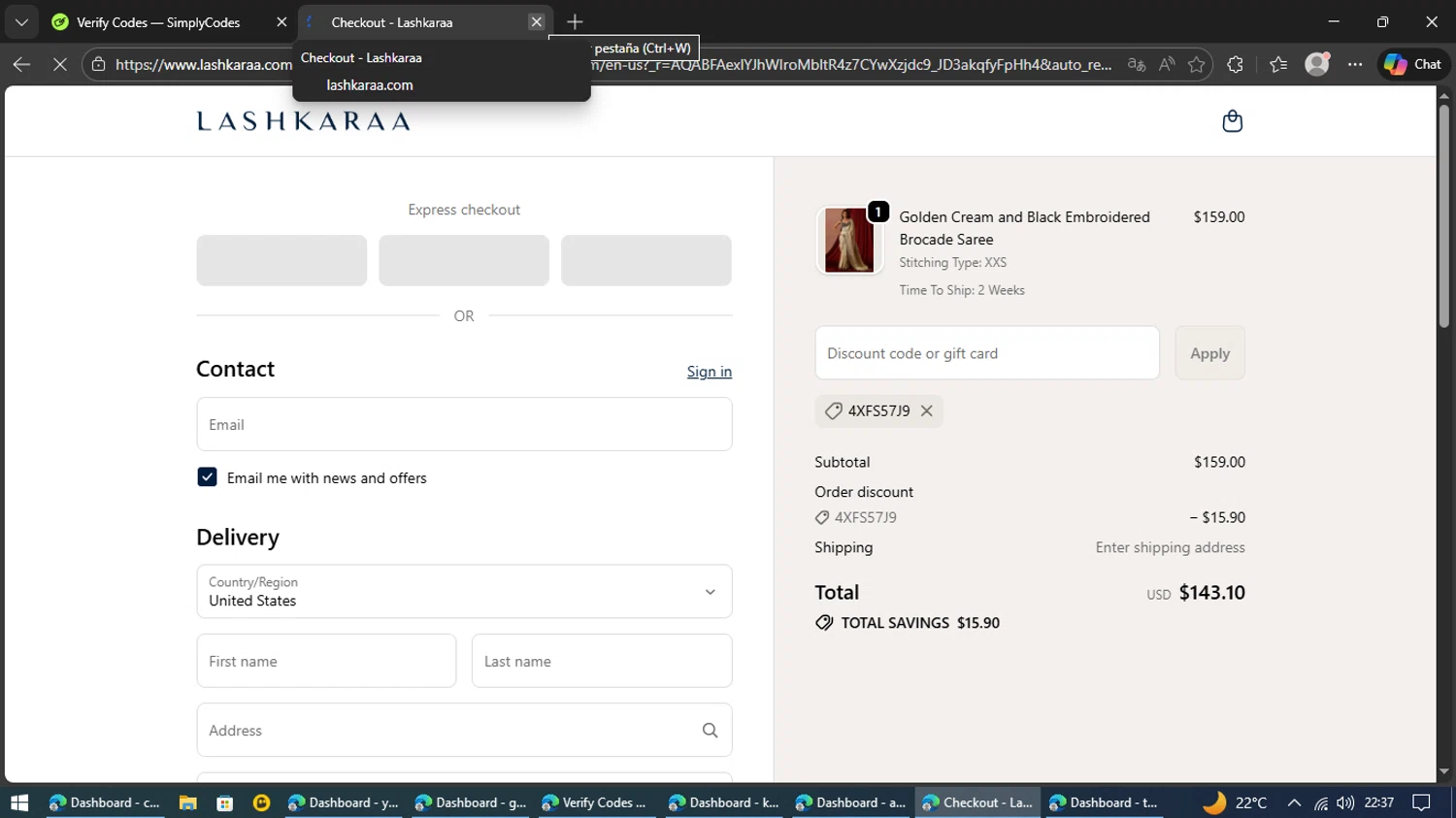 Lashkaraa checkout page showing Lashkaraa discount code box | Screenshot taken by SimplyCodes community member on Feb 14, 2026