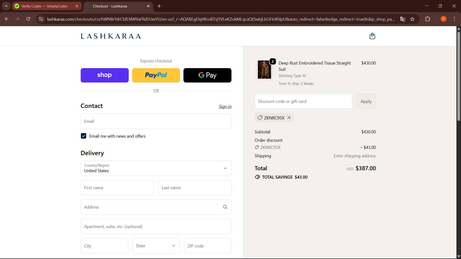 Lashkaraa checkout page showing Lashkaraa discount code box | Screenshot taken by SimplyCodes community member on Feb 16, 2026