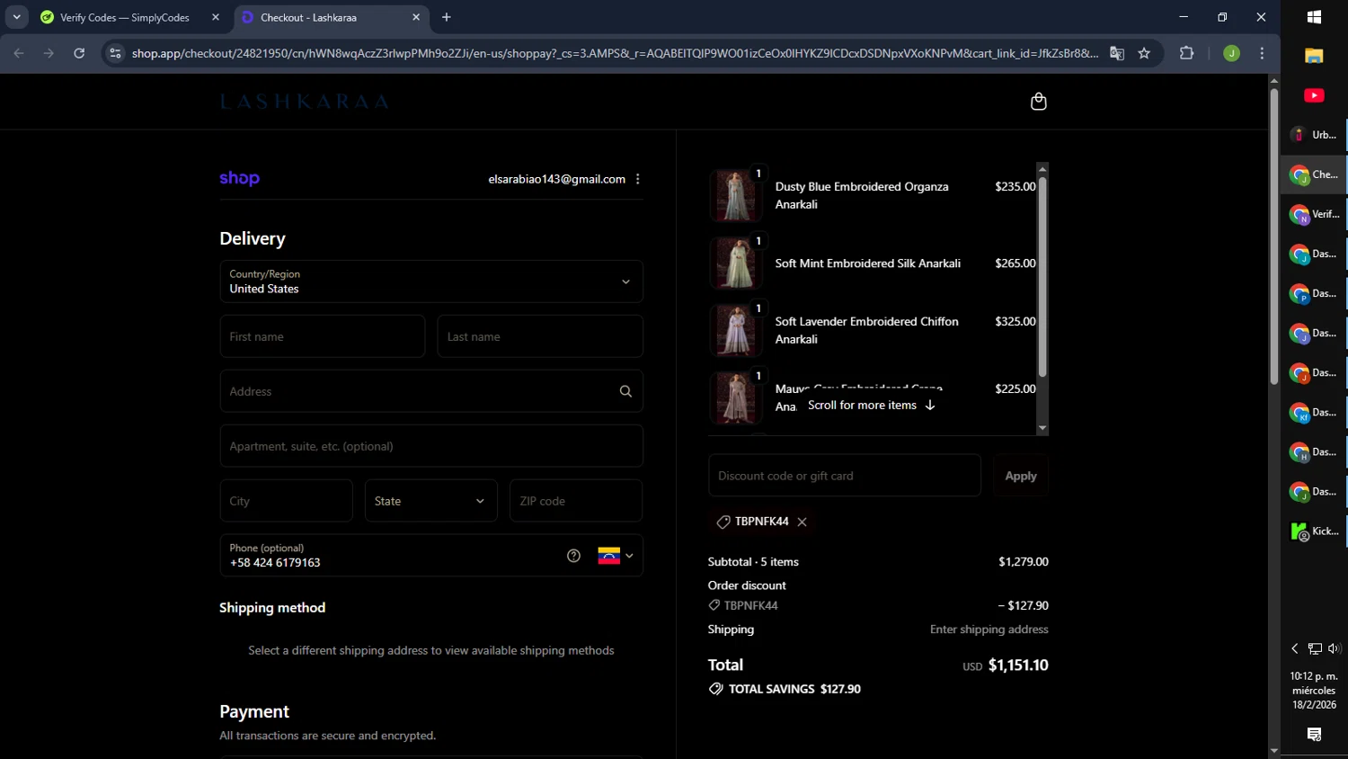 Lashkaraa checkout page showing Lashkaraa discount code box | Screenshot taken by SimplyCodes community member on Feb 19, 2026