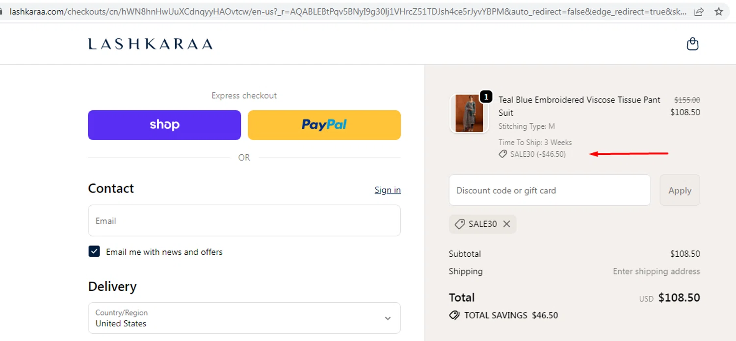 Lashkaraa discount code screenshot showing code sale30 applied at Lashkaraa checkout page. Uploaded by SimplyCodes community member EMILIANOMASABE on Feb 12, 2026