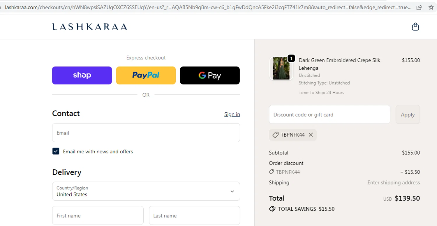 Lashkaraa discount code screenshot showing code TBPNFK44 applied at Lashkaraa checkout page. Uploaded by SimplyCodes community member EMILIANOMASABE on Feb 19, 2026