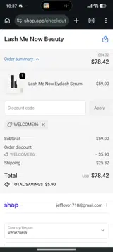 WELCOME86 coupon verification screenshot