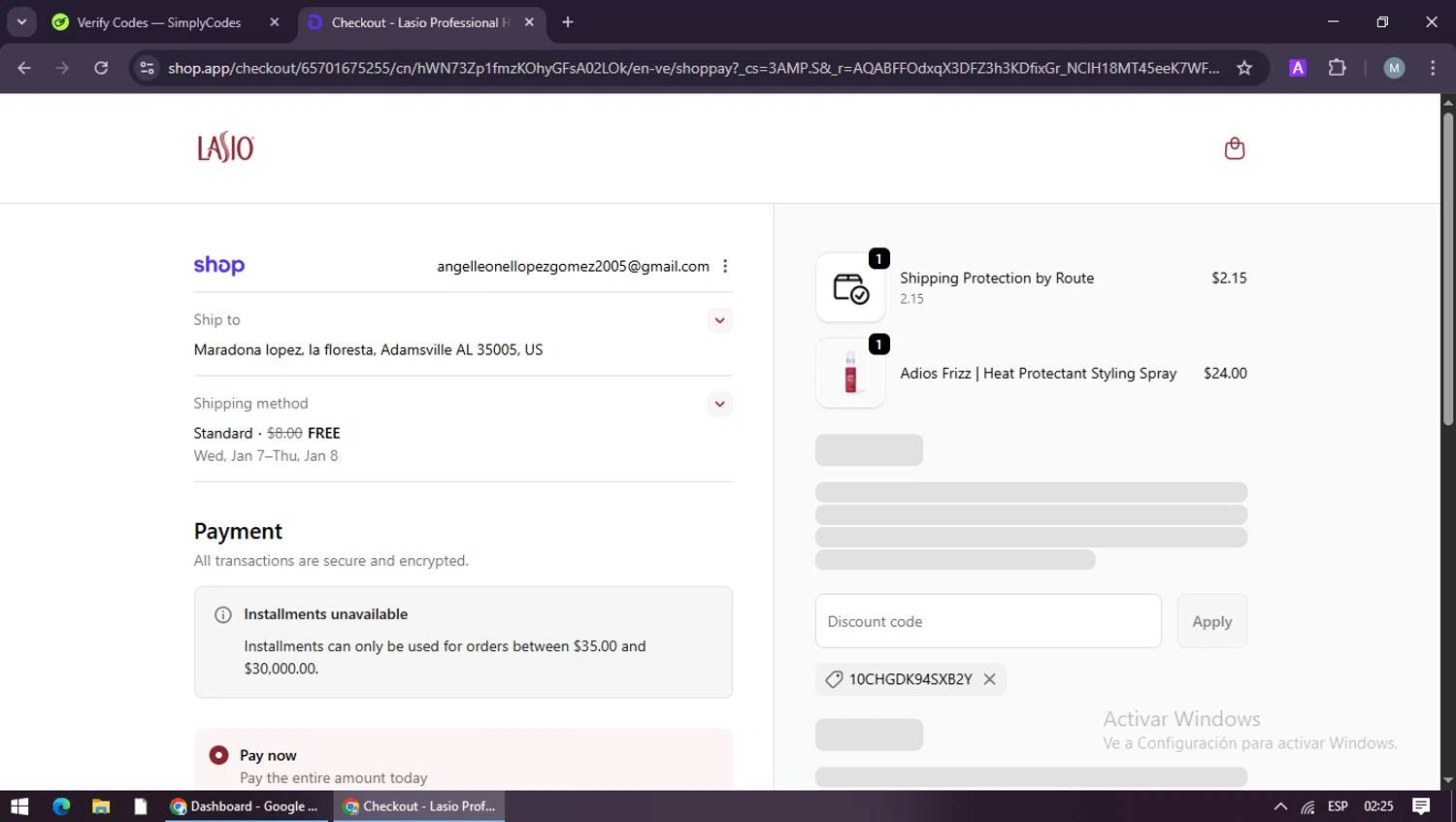Lasio Professional Haircare promo code screenshot showing code 10CHGDK94SXB2Y applied at Lasio Professional Haircare checkout page. Uploaded by SimplyCodes community member maraxo on Dec 31, 2025