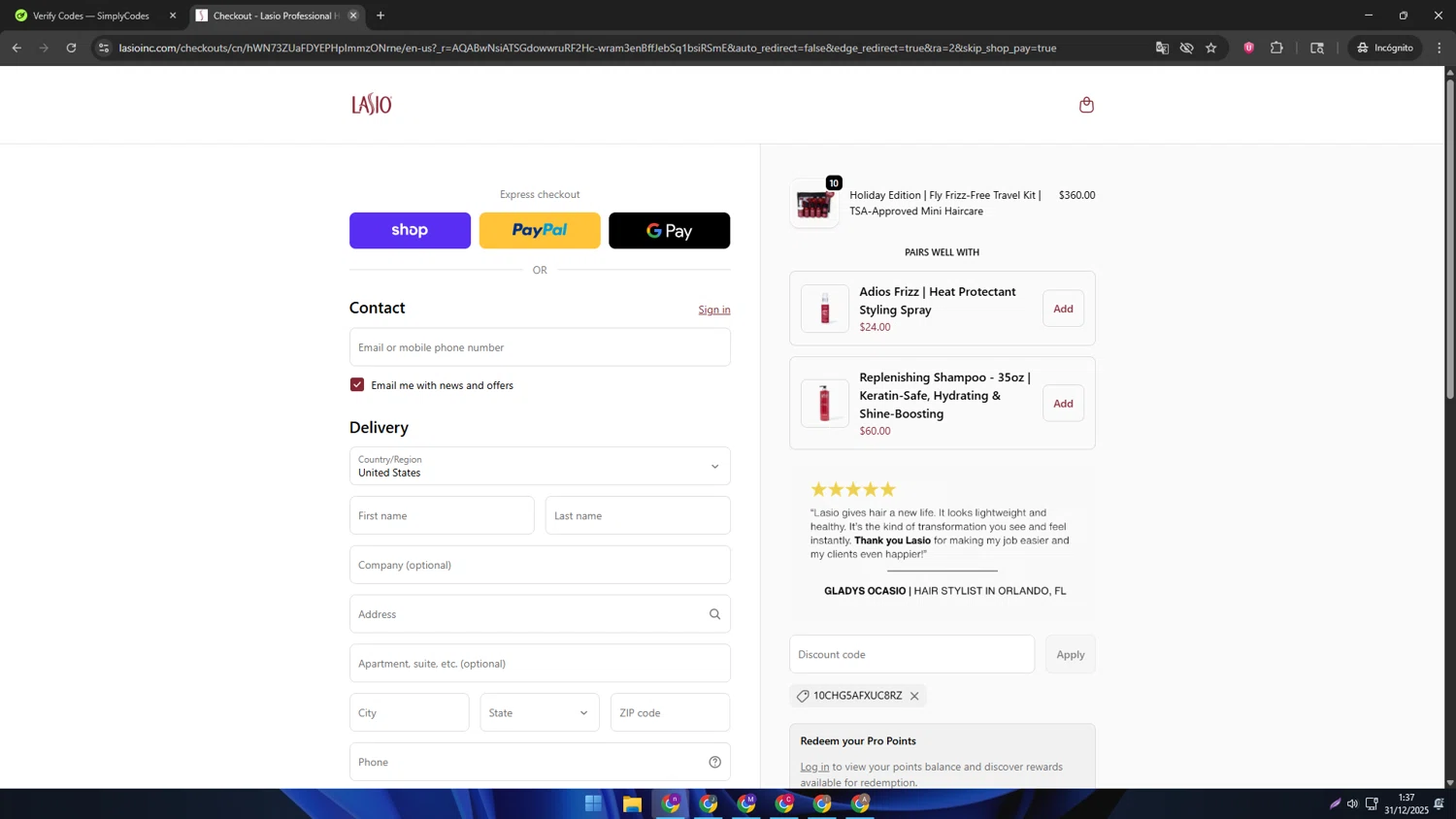 Lasio Professional Haircare promo code screenshot showing code 10CHG5AFXUC8RZ applied at Lasio Professional Haircare checkout page. Uploaded by SimplyCodes community member AVAMUSTANG on Dec 31, 2025