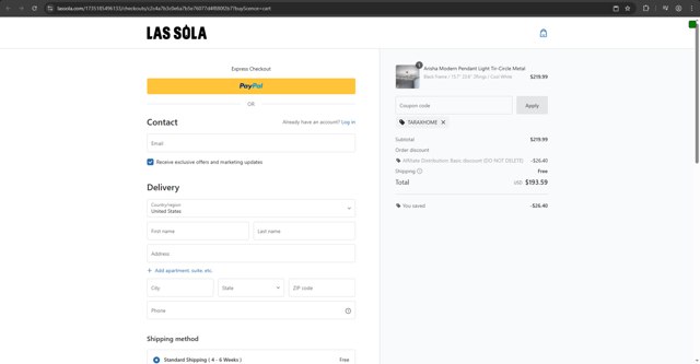 Las Sola checkout page showing Las Sola coupon code box | Screenshot taken by SimplyCodes community member on Aug 17, 2025