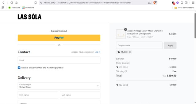 Las Sola checkout page showing Las Sola coupon code box | Screenshot taken by SimplyCodes community member on Aug 31, 2025