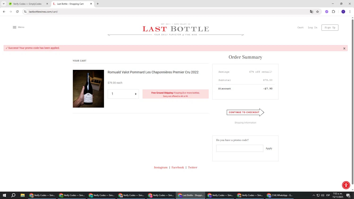 Last Bottle promo code screenshot showing code OUTFIT applied at Last Bottle checkout page. Uploaded by SimplyCodes community member AberthGotopo on Nov 15, 2025