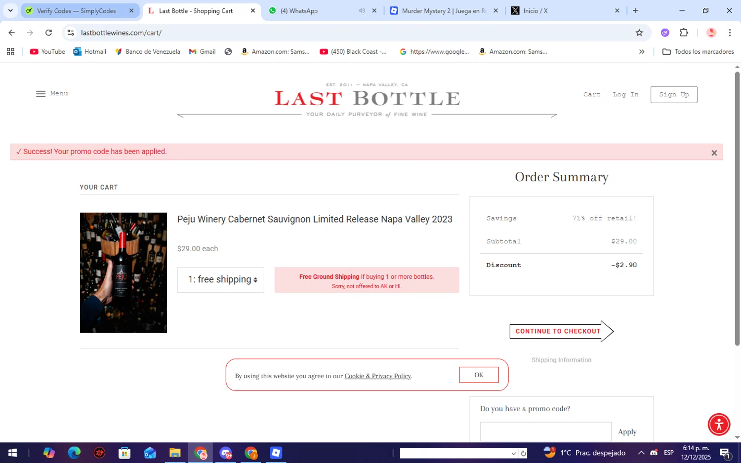 Last Bottle promo code screenshot showing code OUTFIT applied at Last Bottle checkout page. Uploaded by SimplyCodes community member WiseScholar9036 on Dec 12, 2025