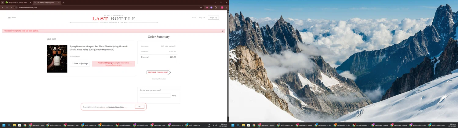 Last Bottle promo code screenshot showing code NADIA applied at Last Bottle checkout page. Uploaded by SimplyCodes community member TreasureWarden457 on Dec 13, 2025