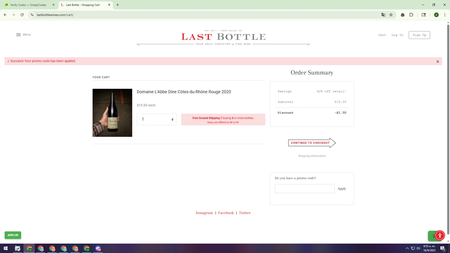 Last Bottle promo code screenshot showing code FMH applied at Last Bottle checkout page. Uploaded by SimplyCodes community member HUMANIZER on Sep 16, 2025