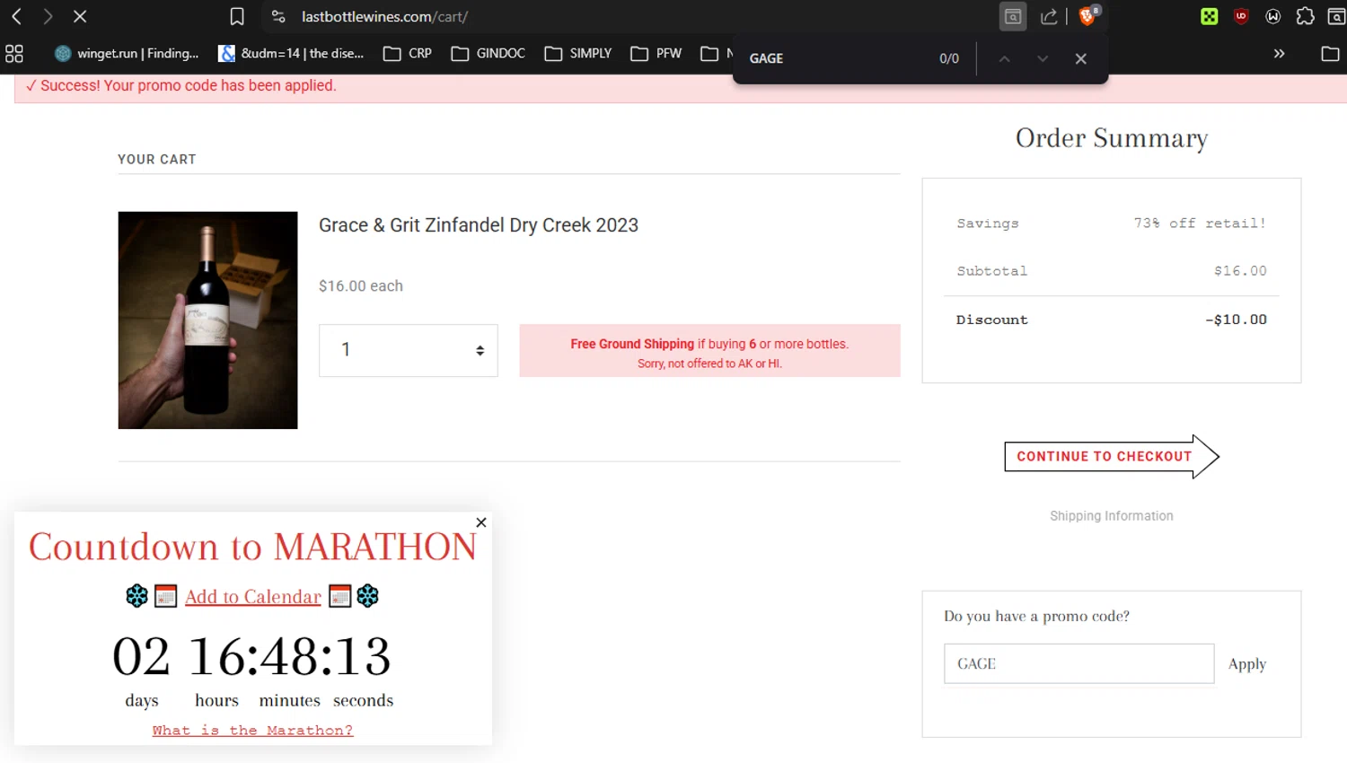 Last Bottle promo code screenshot showing code GAGE applied at Last Bottle checkout page. Uploaded by SimplyCodes community member RickhiK on Dec 9, 2025