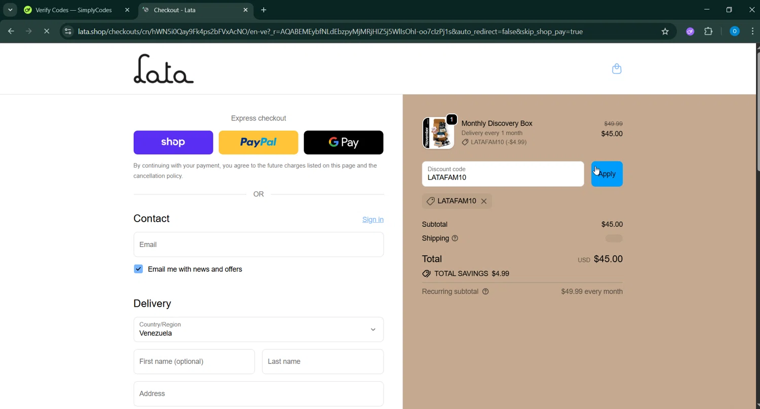lata.shop promo code screenshot showing code LATAFAM10 applied at lata.shop checkout page. Uploaded by SimplyCodes community member GoldAdmiral5202 on Nov 25, 2025