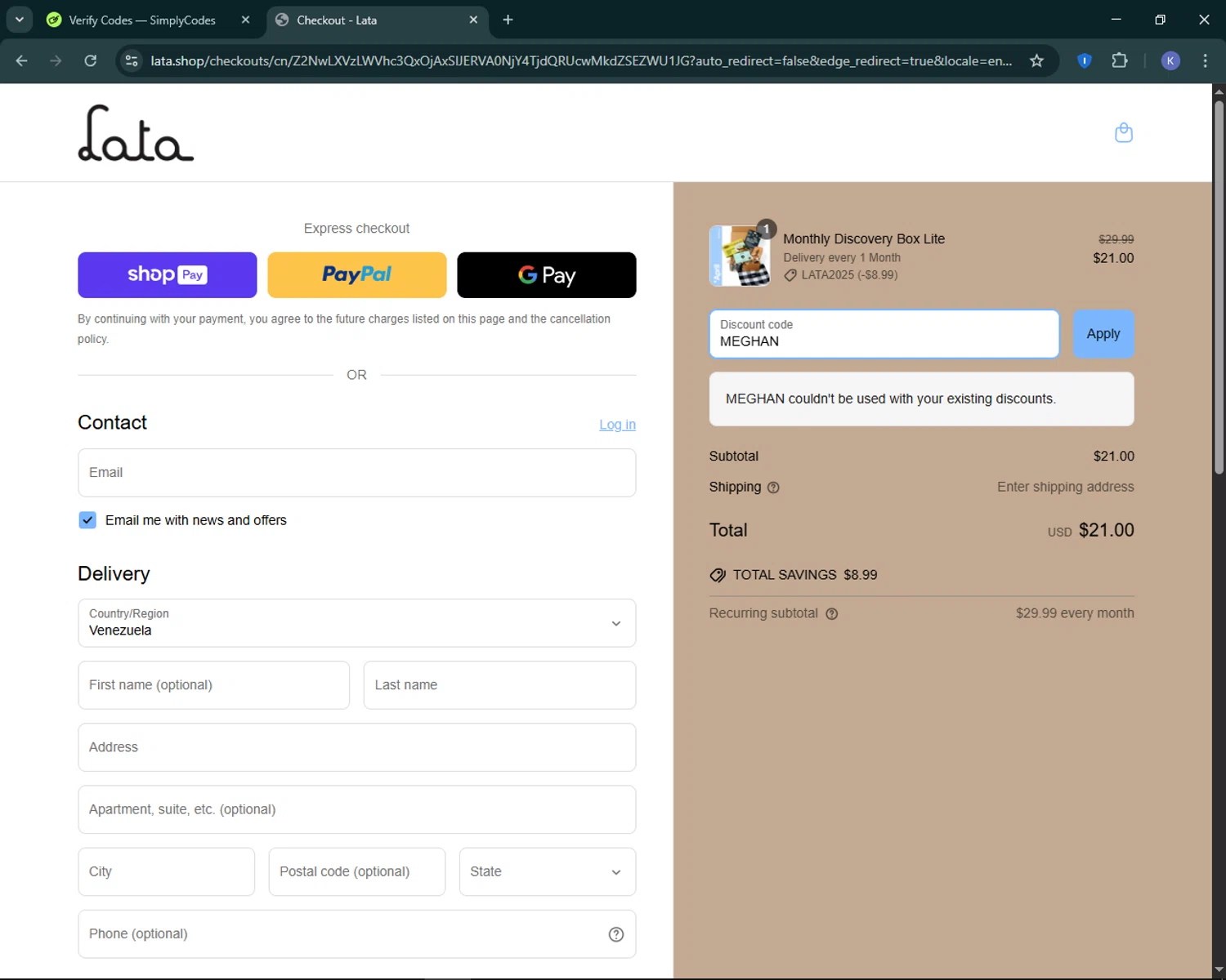lata.shop promo code screenshot showing code MEGHAN applied at lata.shop checkout page. Uploaded by SimplyCodes community member KevLapage on Apr 9, 2025