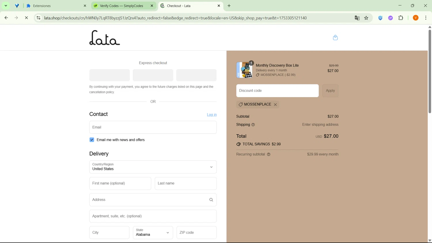 lata.shop promo code screenshot showing code MOSSENPLACE applied at lata.shop checkout page. Uploaded by SimplyCodes community member MightyPro2893 on Jul 23, 2025