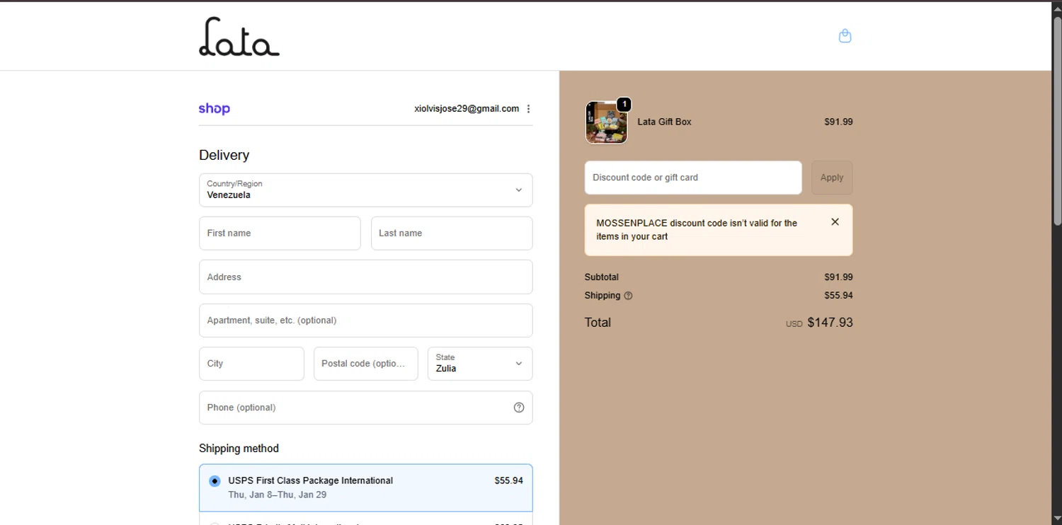 lata.shop promo code screenshot showing code MOSSENPLACE applied at lata.shop checkout page. Uploaded by SimplyCodes community member Xiooh29 on Dec 29, 2025