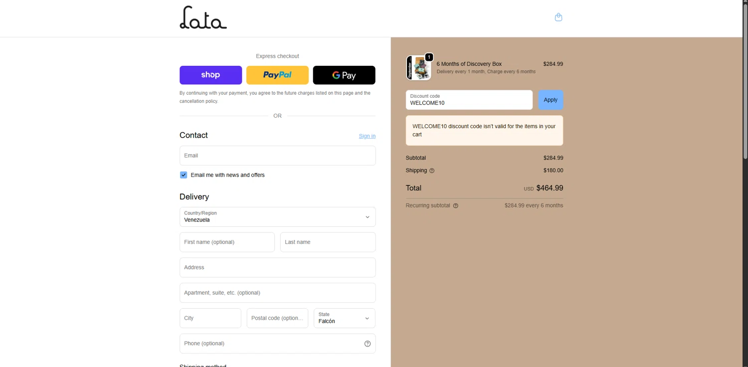 lata.shop promo code screenshot showing code WELCOME10 applied at lata.shop checkout page. Uploaded by SimplyCodes community member SavvySaver9108 on Sep 30, 2025
