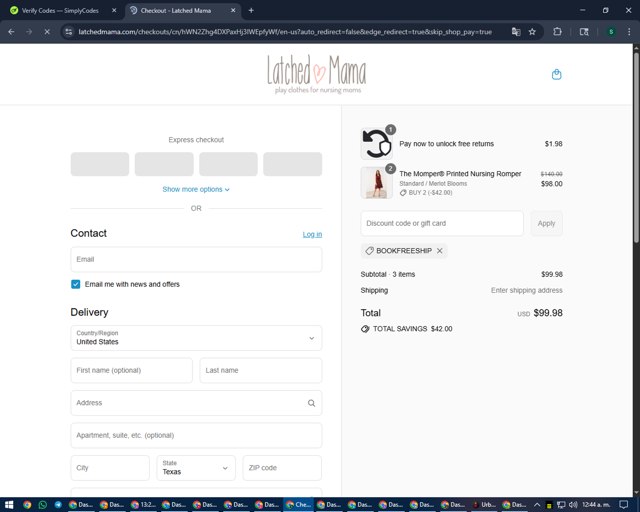 Latched Mama checkout page showing Latched Mama discount code box | Screenshot taken by SimplyCodes community member on Sep 4, 2025