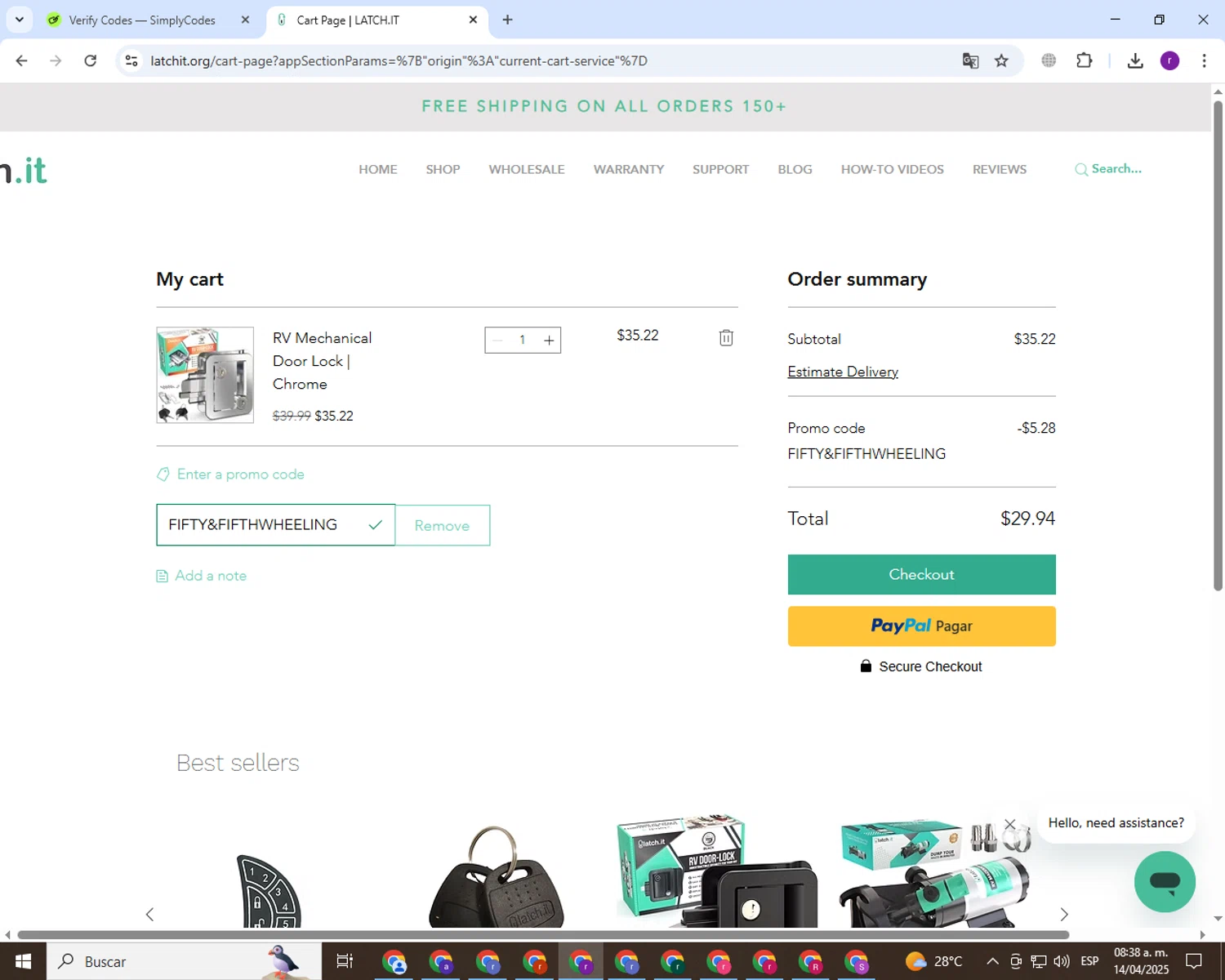 LATCH.IT promo code screenshot showing code FIFTY&FIFTHWHEELING applied at LATCH.IT checkout page. Uploaded by SimplyCodes community member ThriftyCaptain4977 on Apr 14, 2025