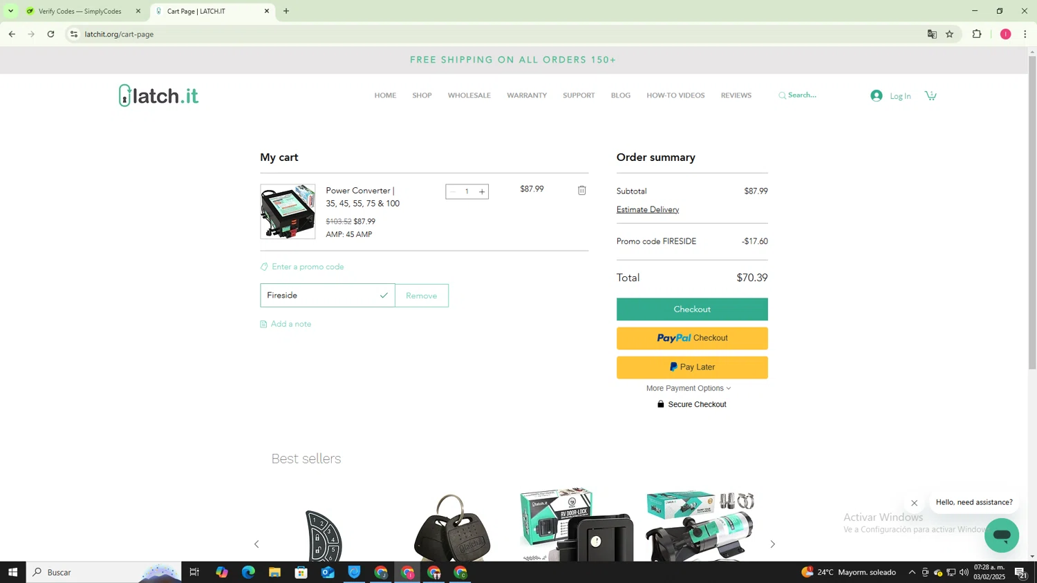 LATCH.IT promo code screenshot showing code Fireside applied at LATCH.IT checkout page. Uploaded by SimplyCodes community member MightyGuardian8404 on Feb 3, 2025