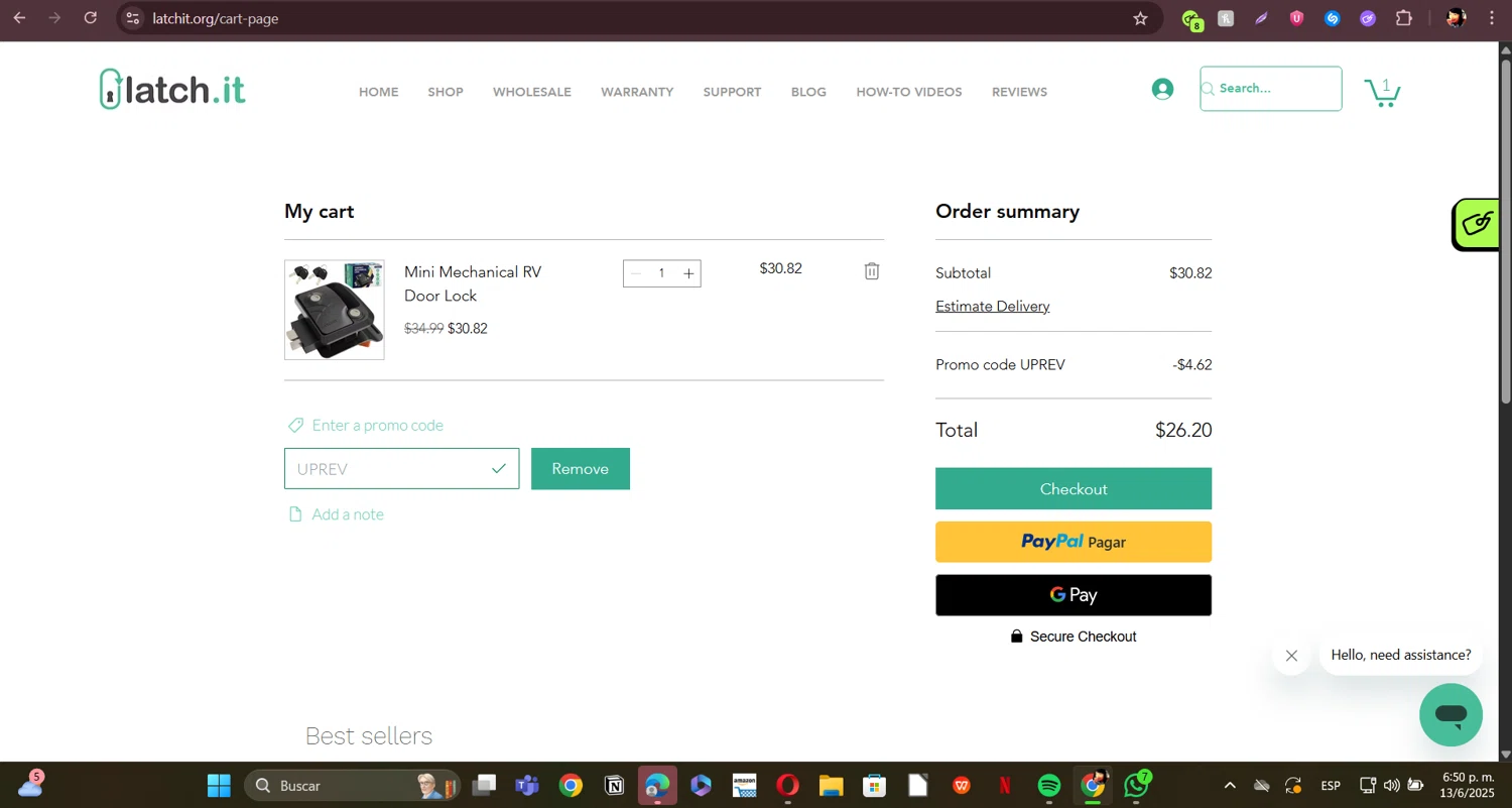 LATCH.IT promo code screenshot showing code UPREV applied at LATCH.IT checkout page. Uploaded by SimplyCodes community member ERI0810 on Jun 13, 2025