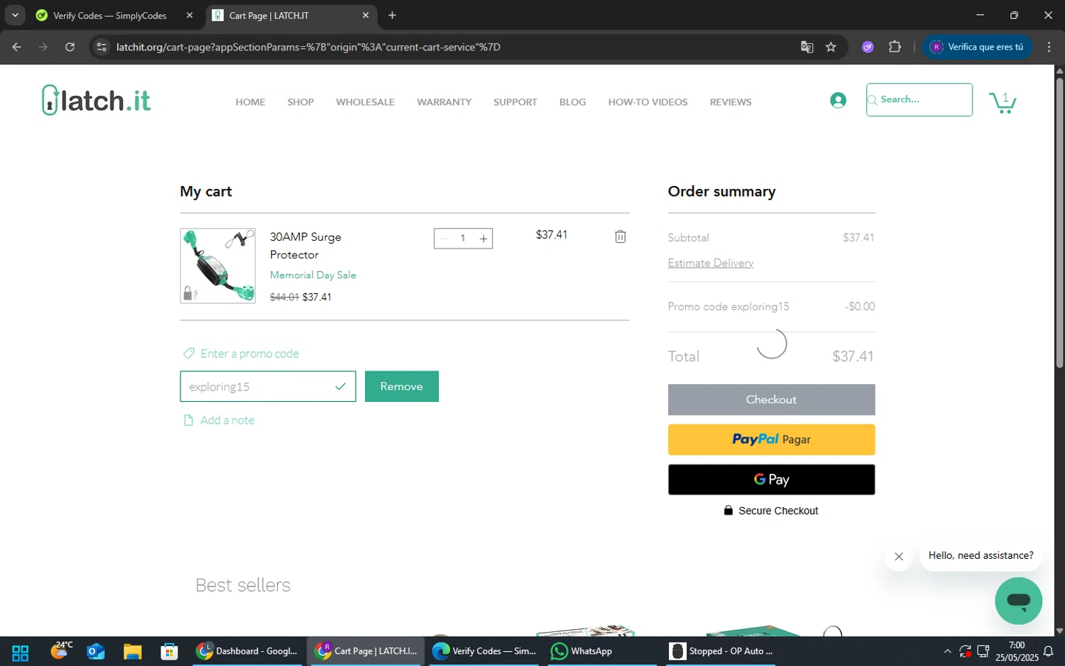 LATCH.IT promo code screenshot showing code Exploring15 applied at LATCH.IT checkout page. Uploaded by SimplyCodes community member TokenFox2691 on May 25, 2025