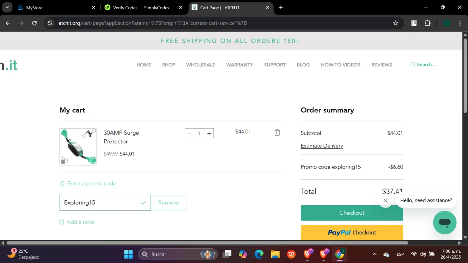 LATCH.IT promo code screenshot showing code Exploring15 applied at LATCH.IT checkout page. Uploaded by SimplyCodes community member hanzell03 on Apr 26, 2025