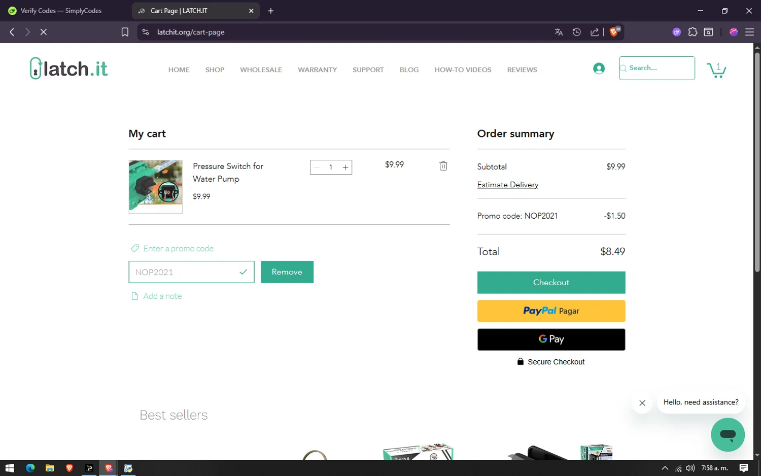 LATCH.IT promo code screenshot showing code NOP2021 applied at LATCH.IT checkout page. Uploaded by SimplyCodes community member CouponElite4658 on Aug 21, 2025