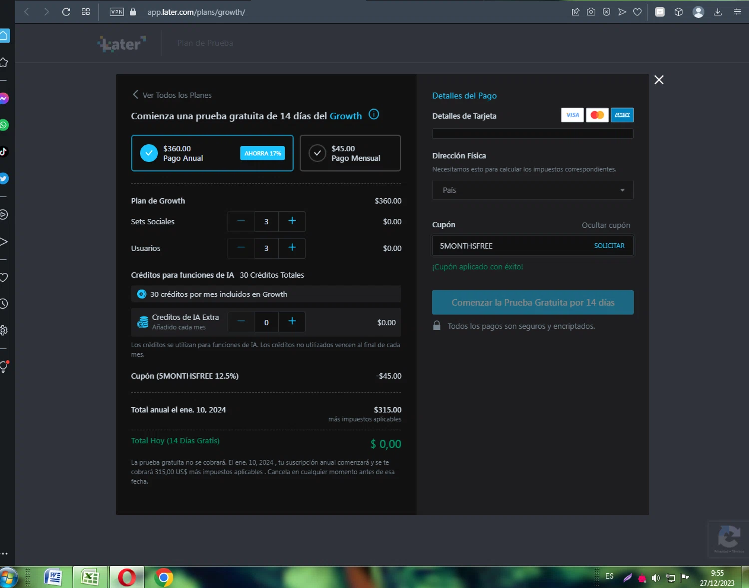 Later checkout page showing Later coupon code box | Screenshot taken by SimplyCodes community member on Dec 27, 2023