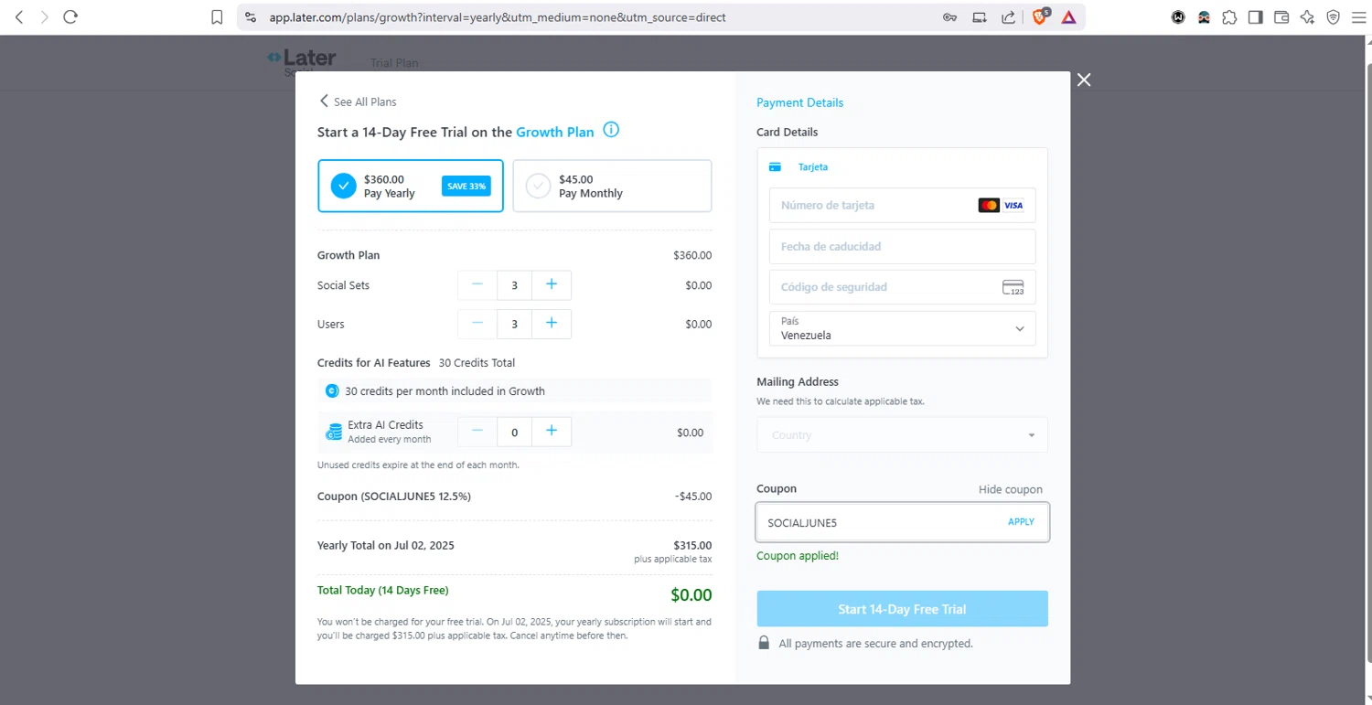 Later coupon code screenshot showing code SOCIALJUNE5 applied at Later checkout page. Uploaded by SimplyCodes community member dayselis15 on Jun 18, 2025