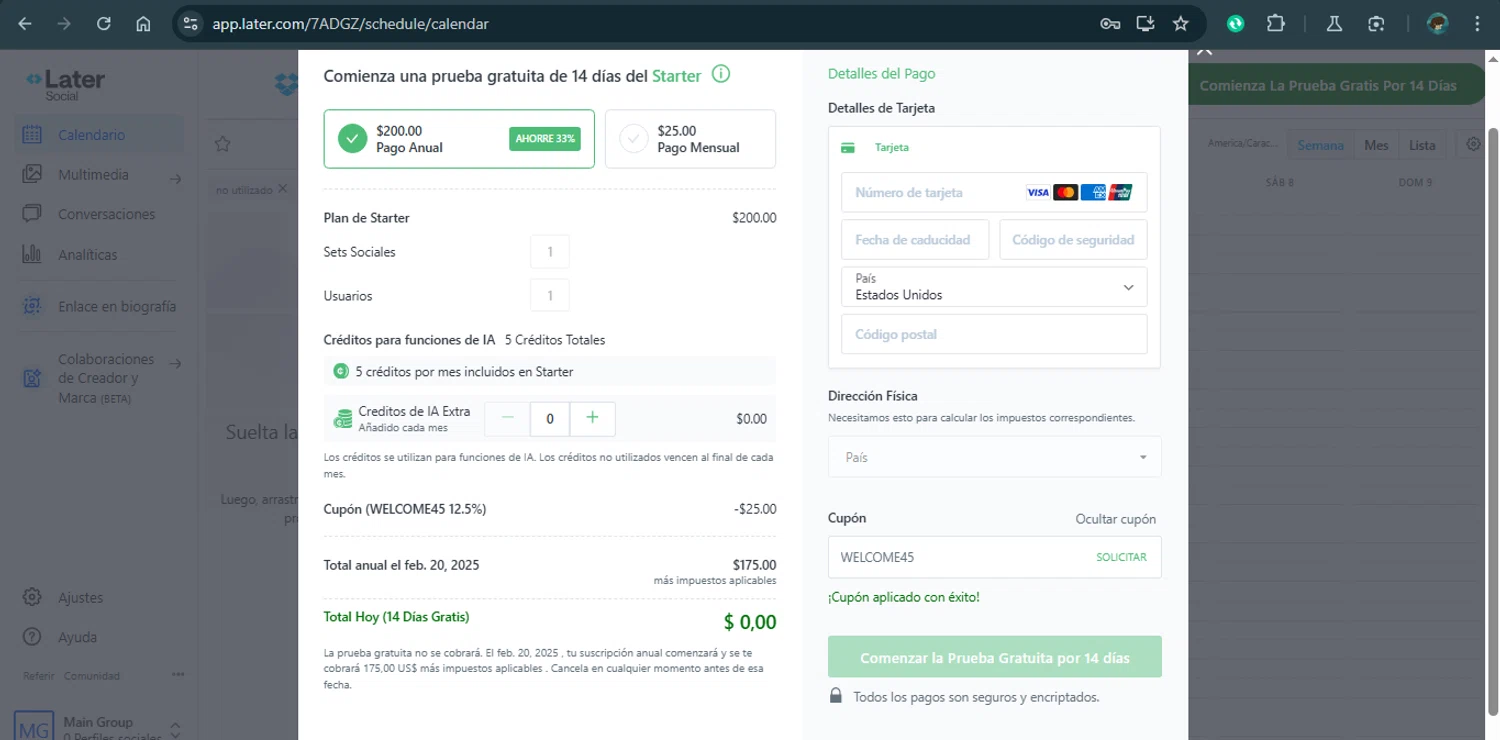 Later checkout page showing Later coupon code box | Screenshot taken by SimplyCodes community member on Feb 6, 2025