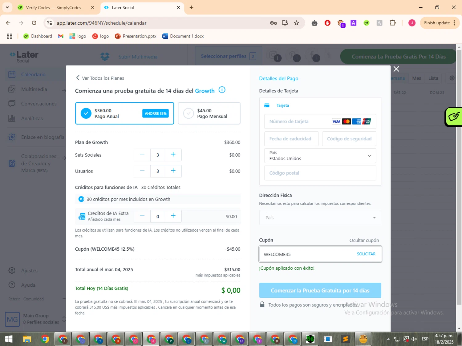 Later checkout page showing Later coupon code box | Screenshot taken by SimplyCodes community member on Feb 18, 2025