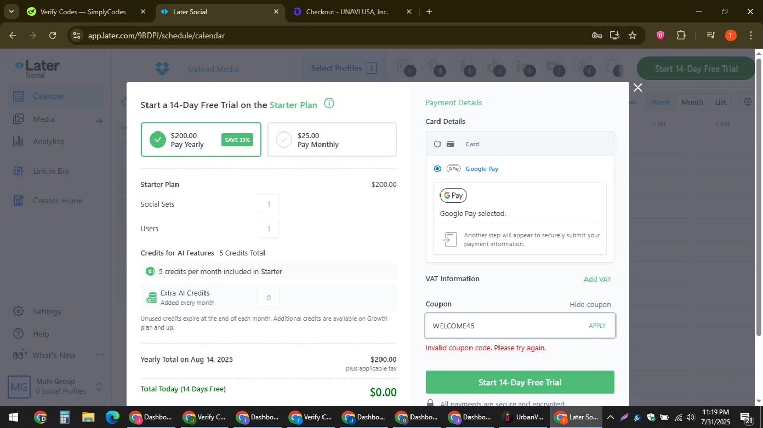 Later coupon code screenshot showing code WELCOME45 applied at Later checkout page. Uploaded by SimplyCodes community member ShrewdAce8338 on Aug 1, 2025