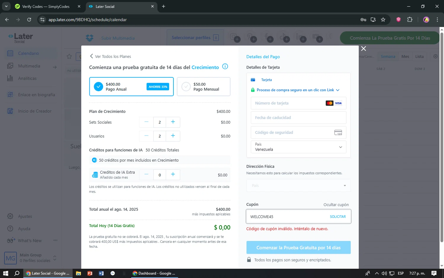 Later coupon code screenshot showing code WELCOME45 applied at Later checkout page. Uploaded by SimplyCodes community member TreasureShopper9156 on Jul 31, 2025