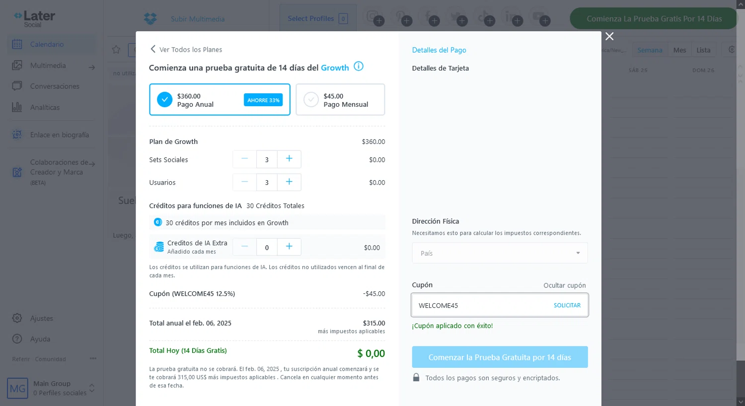 Later checkout page showing Later coupon code box | Screenshot taken by SimplyCodes community member on Jan 23, 2025